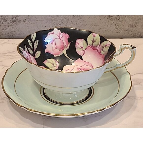 Paragon Double Warrant Cabbage Rose Tea Cup & Saucer Pink & Black Teacup GUC - Picture 1 of 11